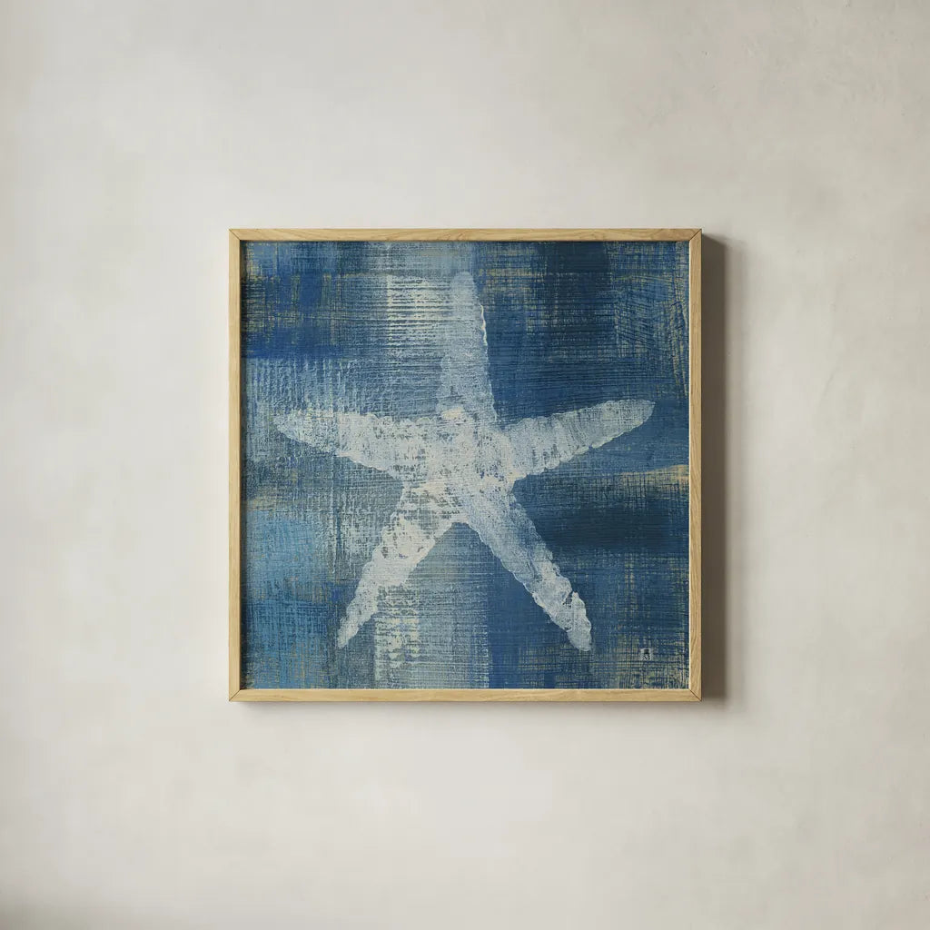 Batik Seas II by Studio Mousseau. Shown in a natural wood glass frame for a timeless modern aesthetic. Available as an archival giclee rolled canvas, fine art paper, or poster print. SKU 32502a.