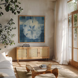 Batik Seas III by Studio Mousseau. Shown in a natural wood frame in a cozy modern living room. Available as an archival giclee rolled canvas, fine art paper, or poster print. SKU 32503a.