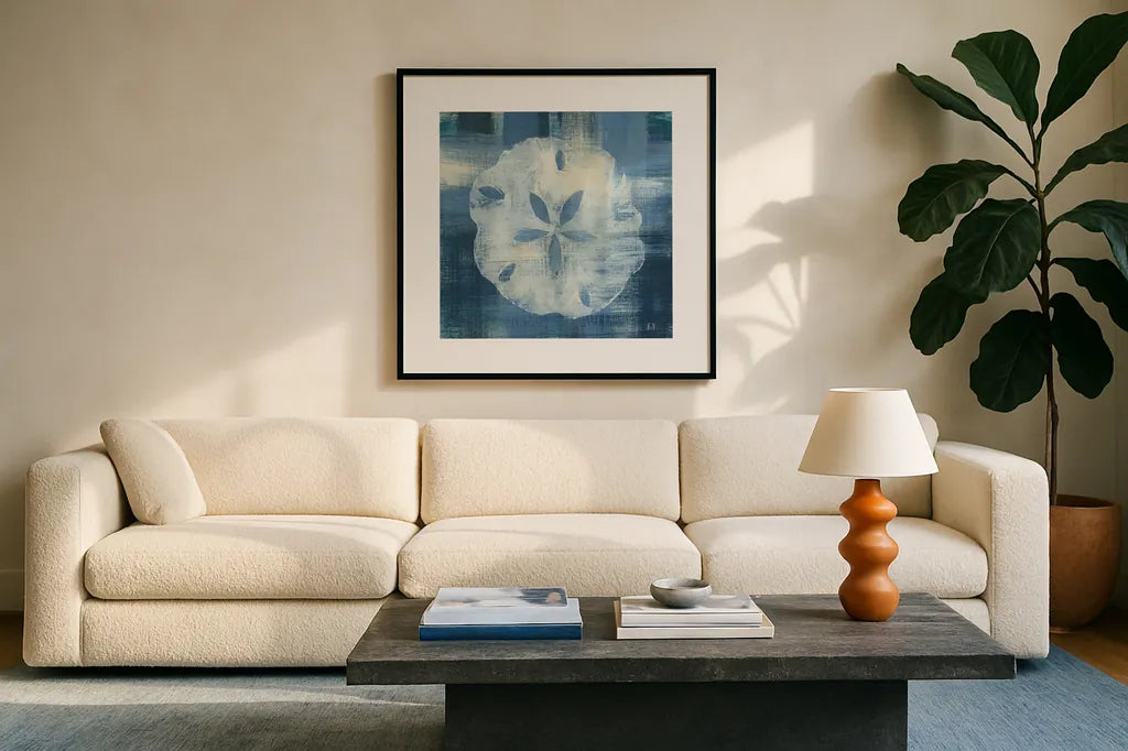 Batik Seas III by Studio Mousseau. Displayed in a glass frame with matte in a clean modern living room. Available as an archival giclee rolled canvas, fine art paper, or poster print. SKU 32503a.