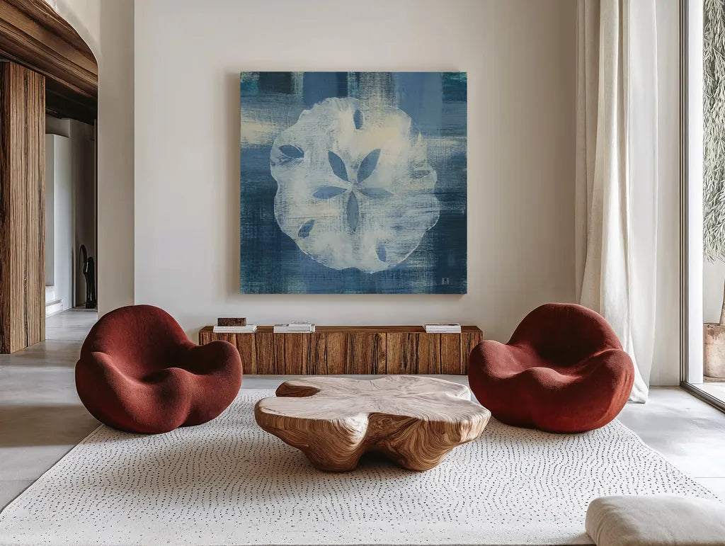 Batik Seas III by Studio Mousseau. Shown as extra-large giant wall art in a modern living room. Available as an archival giclee rolled canvas, fine art paper, or poster print. SKU 32503a.