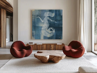 Batik Seas IV by Studio Mousseau. Shown as extra-large giant wall art in a modern living room. Available as an archival giclee rolled canvas, fine art paper, or poster print. SKU 32504a.