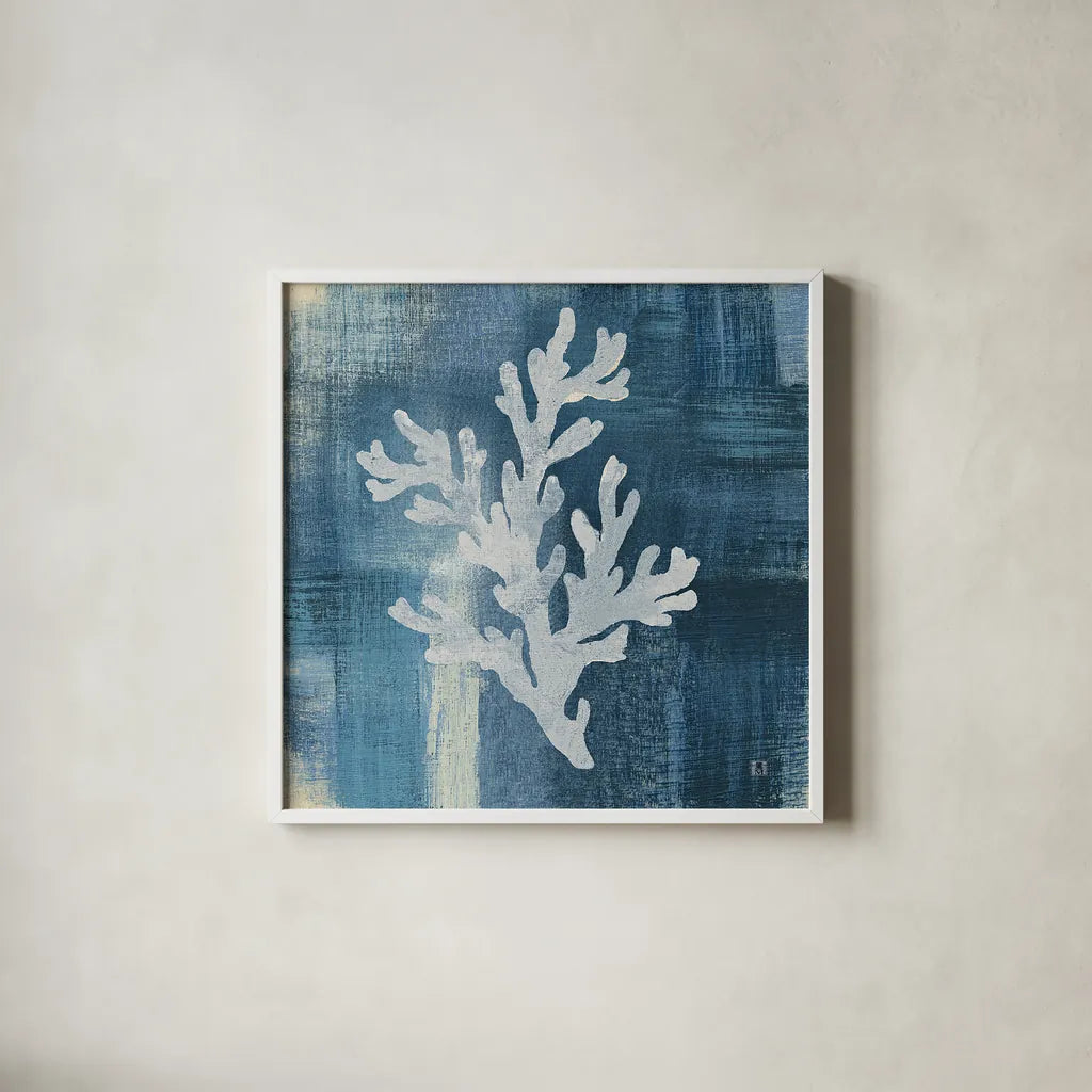 Batik Seas IV by Studio Mousseau. Shown in a crisp white glass frame for a clean and minimalist style. Available as an archival giclee rolled canvas, fine art paper, or poster print. SKU 60052a.