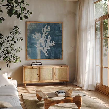 Batik Seas IV by Studio Mousseau. Shown in a natural wood frame in a cozy modern living room. Available as an archival giclee rolled canvas, fine art paper, or poster print. SKU 60052a.