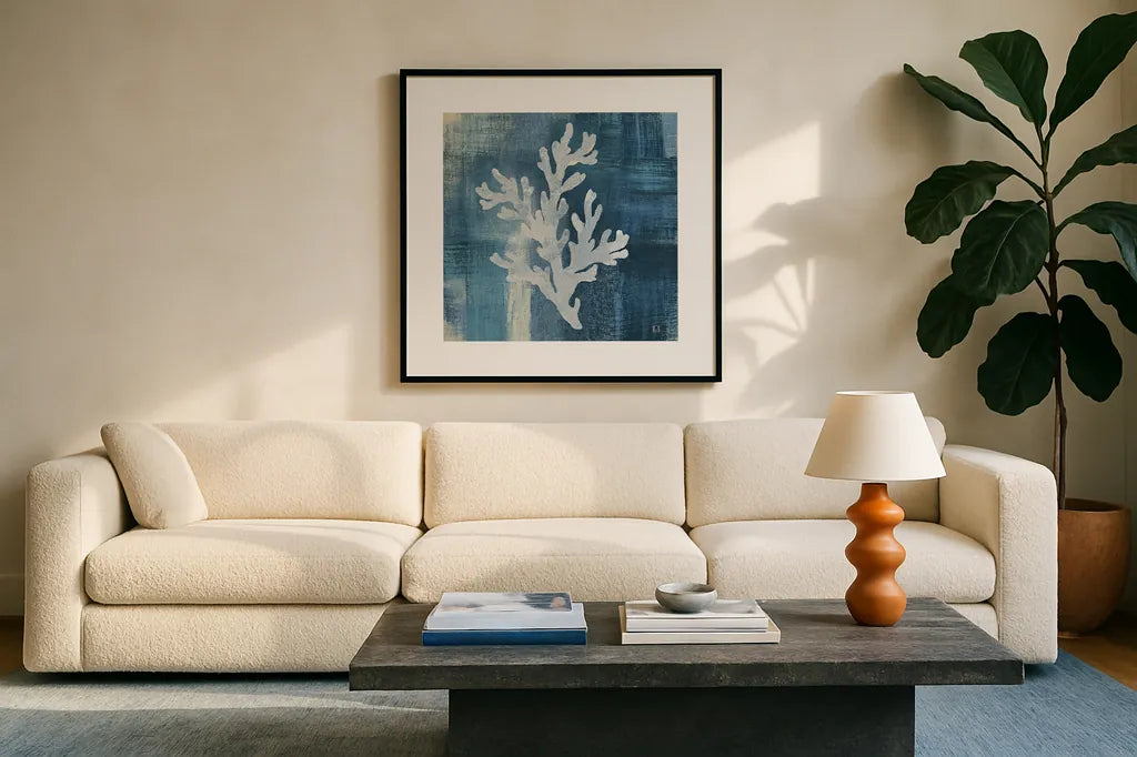 Batik Seas IV by Studio Mousseau. Displayed in a glass frame with matte in a clean modern living room. Available as an archival giclee rolled canvas, fine art paper, or poster print. SKU 60052a.