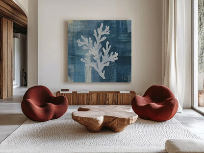 Batik Seas IV by Studio Mousseau. Shown as extra-large giant wall art in a modern living room. Available as an archival giclee rolled canvas, fine art paper, or poster print. SKU 60052a.