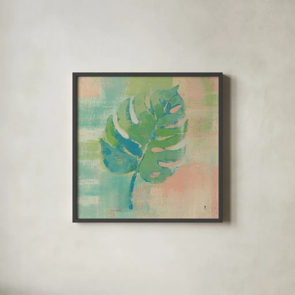 Beach Cove Leaves I by Studio Mousseau. Shown in a sleek black glass frame for a contemporary gallery look. Available as an archival giclee rolled canvas, fine art paper, or poster print. SKU 32497a.