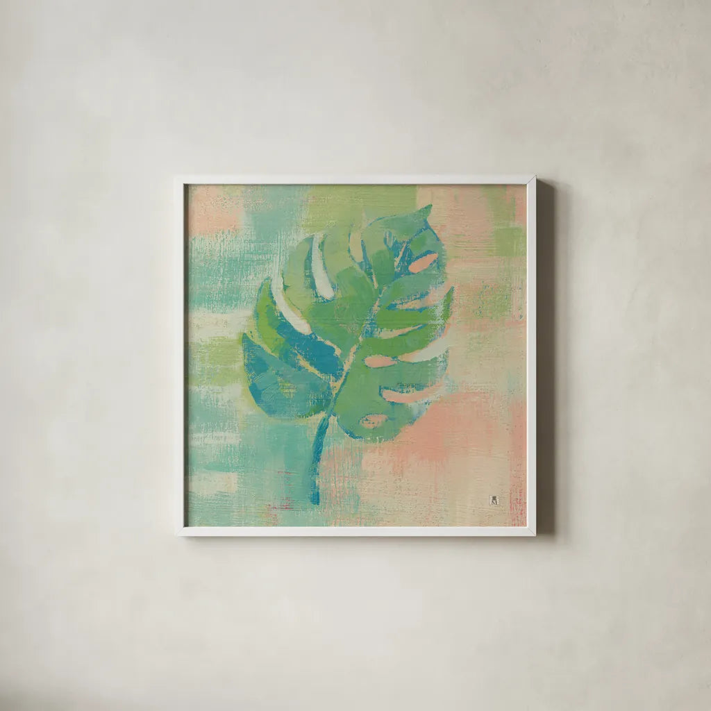 Beach Cove Leaves I by Studio Mousseau. Shown in a crisp white glass frame for a clean and minimalist style. Available as an archival giclee rolled canvas, fine art paper, or poster print. SKU 32497a.