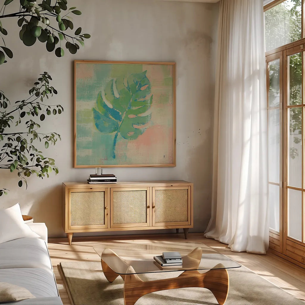 Beach Cove Leaves I by Studio Mousseau. Shown in a natural wood frame in a cozy modern living room. Available as an archival giclee rolled canvas, fine art paper, or poster print. SKU 32497a.