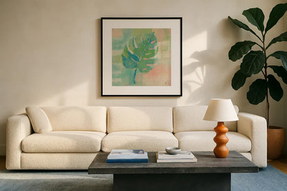 Beach Cove Leaves I by Studio Mousseau. Displayed in a glass frame with matte in a clean modern living room. Available as an archival giclee rolled canvas, fine art paper, or poster print. SKU 32497a.