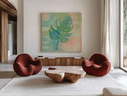 Beach Cove Leaves I by Studio Mousseau. Shown as extra-large giant wall art in a modern living room. Available as an archival giclee rolled canvas, fine art paper, or poster print. SKU 32497a.