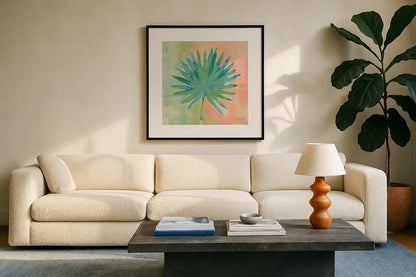 Beach Cove Leaves II by Studio Mousseau. Displayed in a glass frame with matte in a clean modern living room. Available as an archival giclee rolled canvas, fine art paper, or poster print. SKU 32498a.