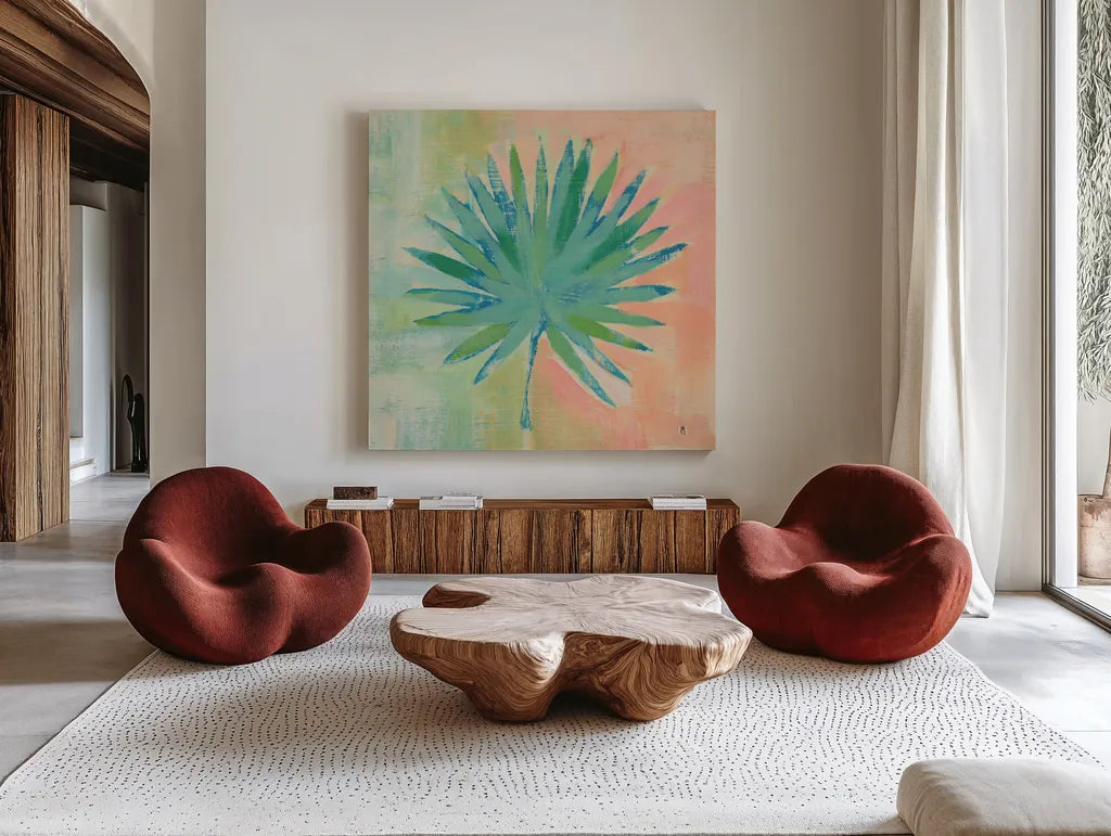 Beach Cove Leaves II by Studio Mousseau. Shown as extra-large giant wall art in a modern living room. Available as an archival giclee rolled canvas, fine art paper, or poster print. SKU 32498a.