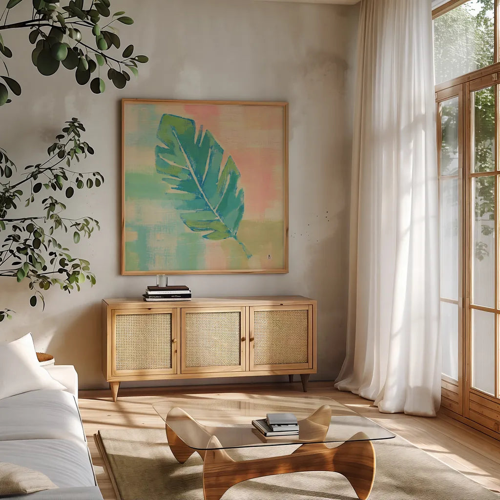 Beach Cove Leaves III by Studio Mousseau. Shown in a natural wood frame in a cozy modern living room. Available as an archival giclee rolled canvas, fine art paper, or poster print. SKU 32499a.