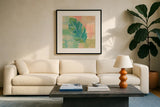 Beach Cove Leaves III by Studio Mousseau. Displayed in a glass frame with matte in a clean modern living room. Available as an archival giclee rolled canvas, fine art paper, or poster print. SKU 32499a.