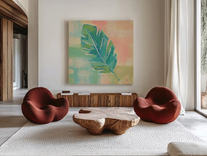 Beach Cove Leaves III by Studio Mousseau. Shown as extra-large giant wall art in a modern living room. Available as an archival giclee rolled canvas, fine art paper, or poster print. SKU 32499a.