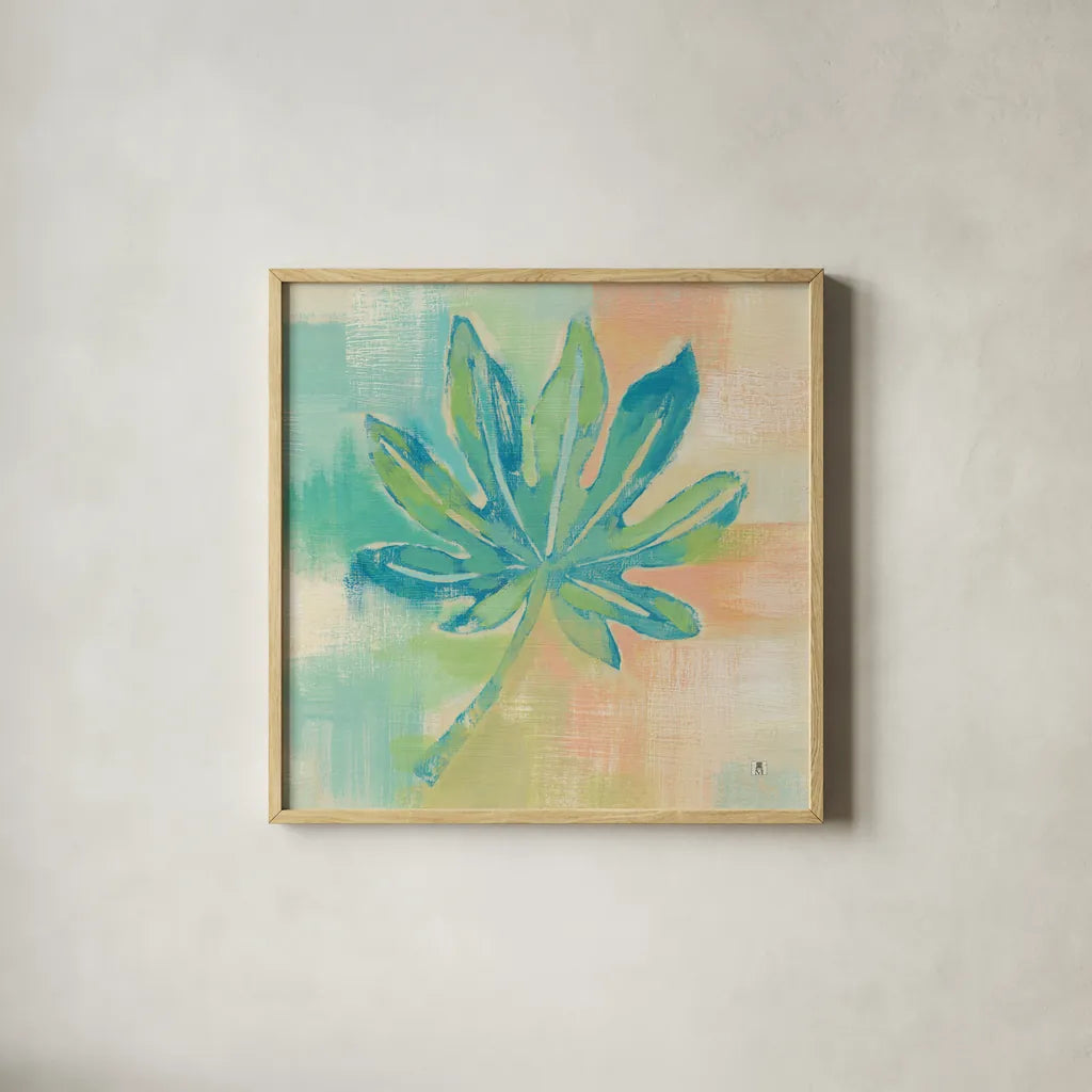 Beach Cove Leaves IV by Studio Mousseau. Shown in a natural wood glass frame for a timeless modern aesthetic. Available as an archival giclee rolled canvas, fine art paper, or poster print. SKU 32500a.