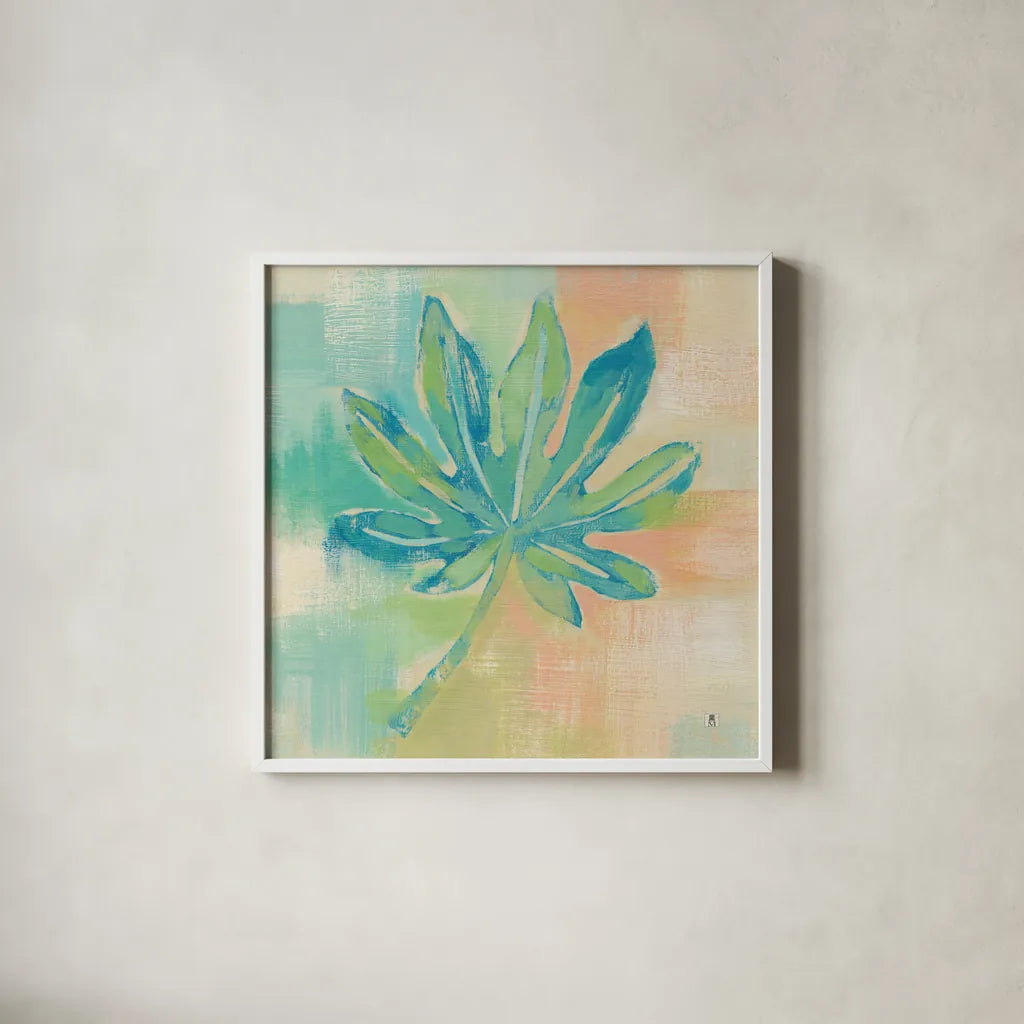 Beach Cove Leaves IV by Studio Mousseau. Shown in a crisp white glass frame for a clean and minimalist style. Available as an archival giclee rolled canvas, fine art paper, or poster print. SKU 32500a.