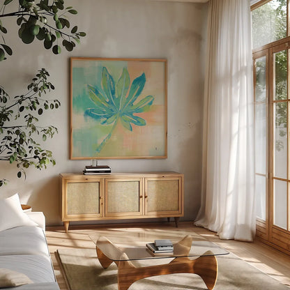 Beach Cove Leaves IV by Studio Mousseau. Shown in a natural wood frame in a cozy modern living room. Available as an archival giclee rolled canvas, fine art paper, or poster print. SKU 32500a.