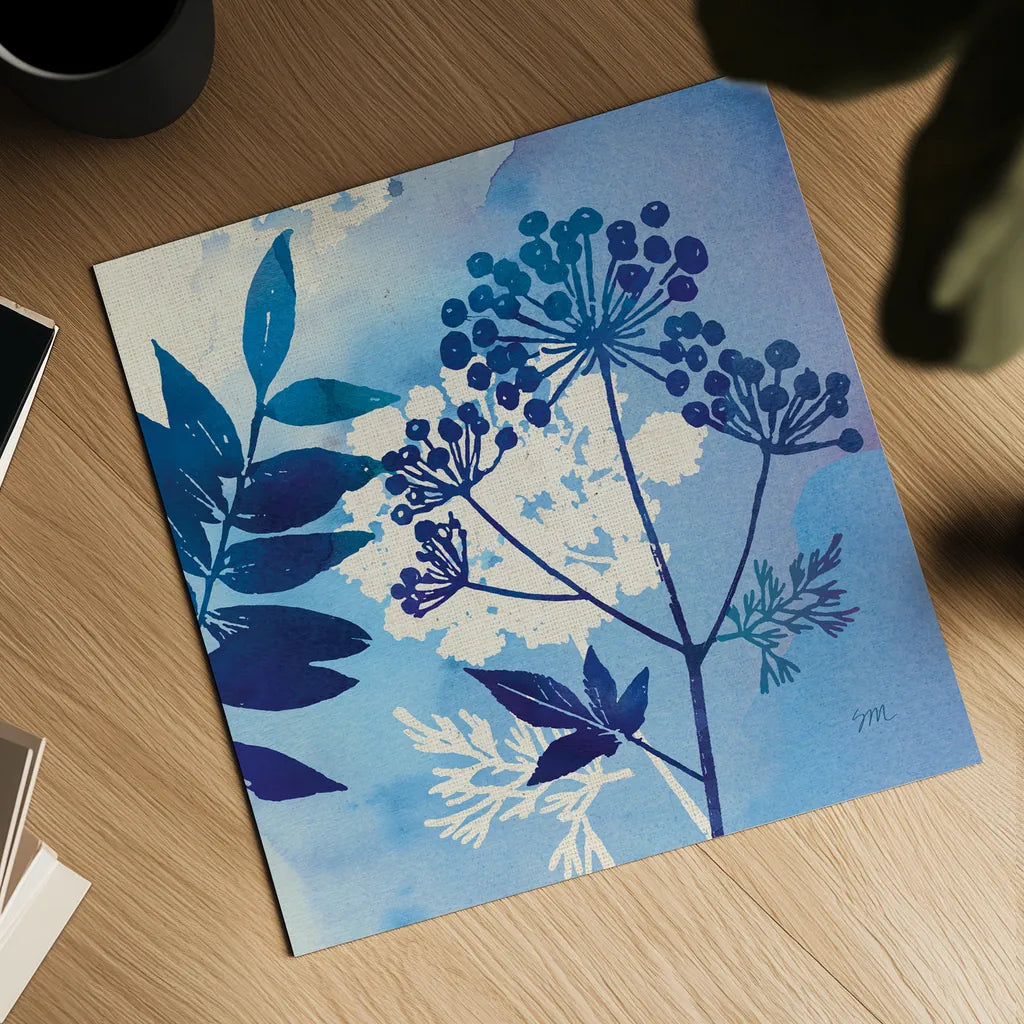 Blue Sky Garden I by Studio Mousseau. Shown as a detailed flat fine art print, highlighting archival giclee quality. Available as an archival giclee rolled canvas, fine art paper, or poster print. SKU 34633a.