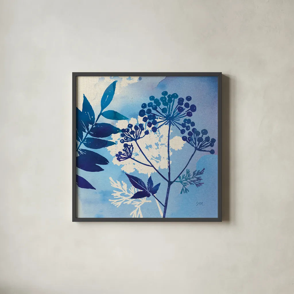 Blue Sky Garden I by Studio Mousseau. Shown in a sleek black glass frame for a contemporary gallery look. Available as an archival giclee rolled canvas, fine art paper, or poster print. SKU 34633a.