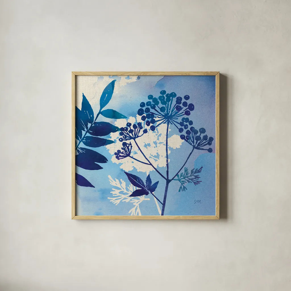 Blue Sky Garden I by Studio Mousseau. Shown in a natural wood glass frame for a timeless modern aesthetic. Available as an archival giclee rolled canvas, fine art paper, or poster print. SKU 34633a.