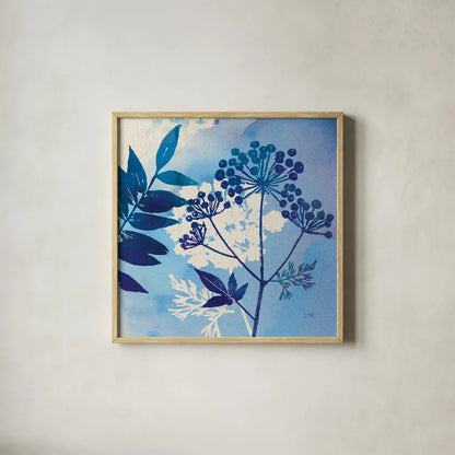 Blue Sky Garden I by Studio Mousseau. Shown in a natural wood glass frame for a timeless modern aesthetic. Available as an archival giclee rolled canvas, fine art paper, or poster print. SKU 34633a.
