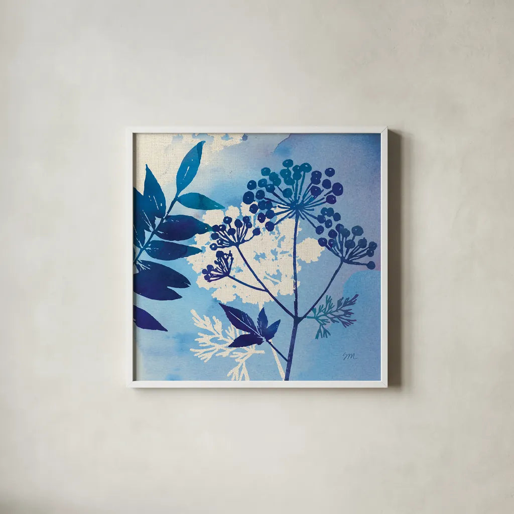 Blue Sky Garden I by Studio Mousseau. Shown in a crisp white glass frame for a clean and minimalist style. Available as an archival giclee rolled canvas, fine art paper, or poster print. SKU 34633a.