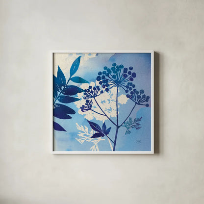Blue Sky Garden I by Studio Mousseau. Shown in a crisp white glass frame for a clean and minimalist style. Available as an archival giclee rolled canvas, fine art paper, or poster print. SKU 34633a.