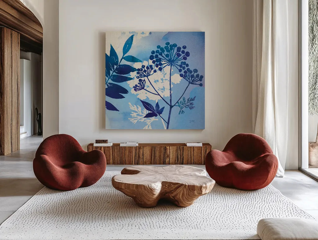 Blue Sky Garden I by Studio Mousseau. Shown as extra-large giant wall art in a modern living room. Available as an archival giclee rolled canvas, fine art paper, or poster print. SKU 34633a.