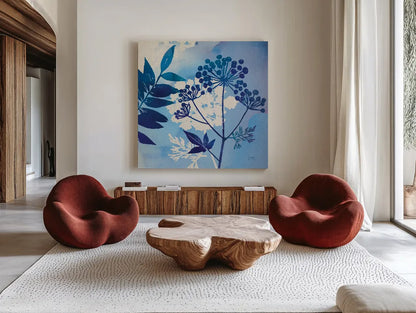 Blue Sky Garden I by Studio Mousseau. Shown as extra-large giant wall art in a modern living room. Available as an archival giclee rolled canvas, fine art paper, or poster print. SKU 34633a.