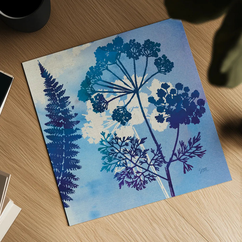 Blue Sky Garden II by Studio Mousseau. Shown as a detailed flat fine art print, highlighting archival giclee quality. Available as an archival giclee rolled canvas, fine art paper, or poster print. SKU 34634a.