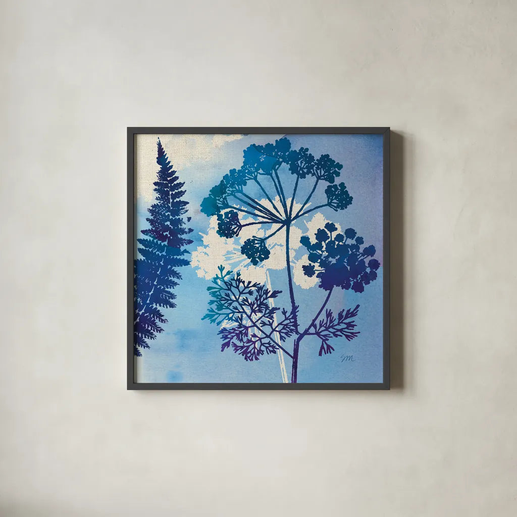 Blue Sky Garden II by Studio Mousseau. Shown in a sleek black glass frame for a contemporary gallery look. Available as an archival giclee rolled canvas, fine art paper, or poster print. SKU 34634a.