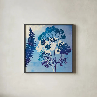 Blue Sky Garden II by Studio Mousseau. Shown in a sleek black glass frame for a contemporary gallery look. Available as an archival giclee rolled canvas, fine art paper, or poster print. SKU 34634a.