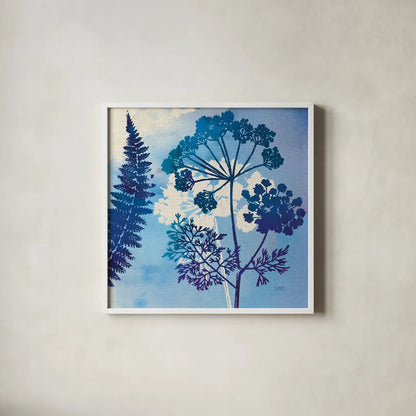 Blue Sky Garden II by Studio Mousseau. Shown in a crisp white glass frame for a clean and minimalist style. Available as an archival giclee rolled canvas, fine art paper, or poster print. SKU 34634a.