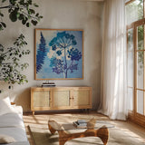 Blue Sky Garden II by Studio Mousseau. Shown in a natural wood frame in a cozy modern living room. Available as an archival giclee rolled canvas, fine art paper, or poster print. SKU 34634a.