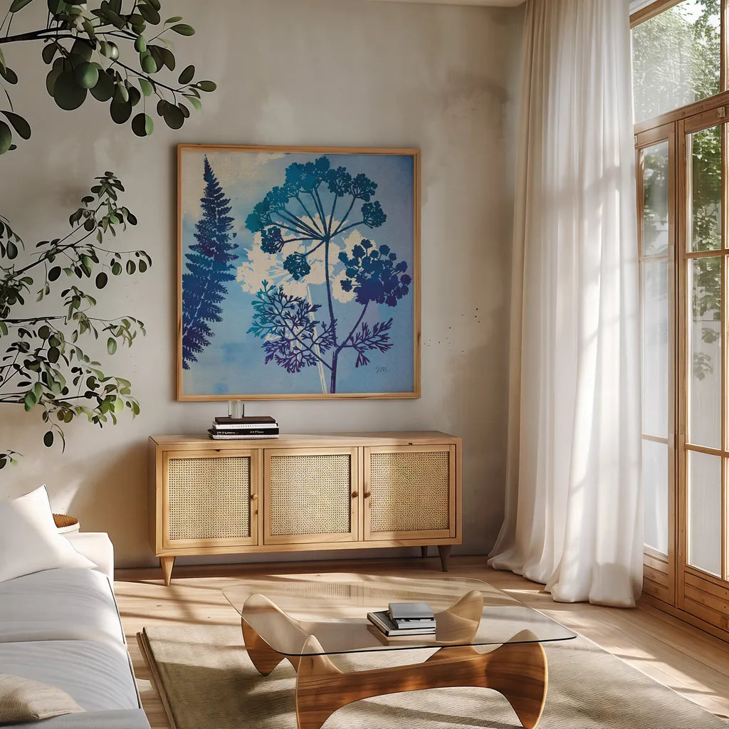 Blue Sky Garden II by Studio Mousseau. Shown in a natural wood frame in a cozy modern living room. Available as an archival giclee rolled canvas, fine art paper, or poster print. SKU 34634a.
