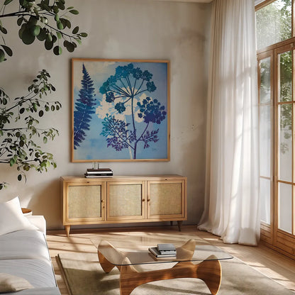 Blue Sky Garden II by Studio Mousseau. Shown in a natural wood frame in a cozy modern living room. Available as an archival giclee rolled canvas, fine art paper, or poster print. SKU 34634a.