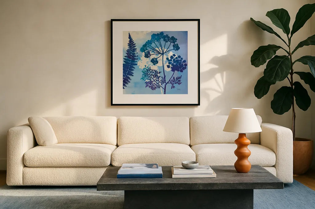 Blue Sky Garden II by Studio Mousseau. Displayed in a glass frame with matte in a clean modern living room. Available as an archival giclee rolled canvas, fine art paper, or poster print. SKU 34634a.