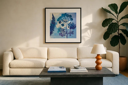 Blue Sky Garden II by Studio Mousseau. Displayed in a glass frame with matte in a clean modern living room. Available as an archival giclee rolled canvas, fine art paper, or poster print. SKU 34634a.