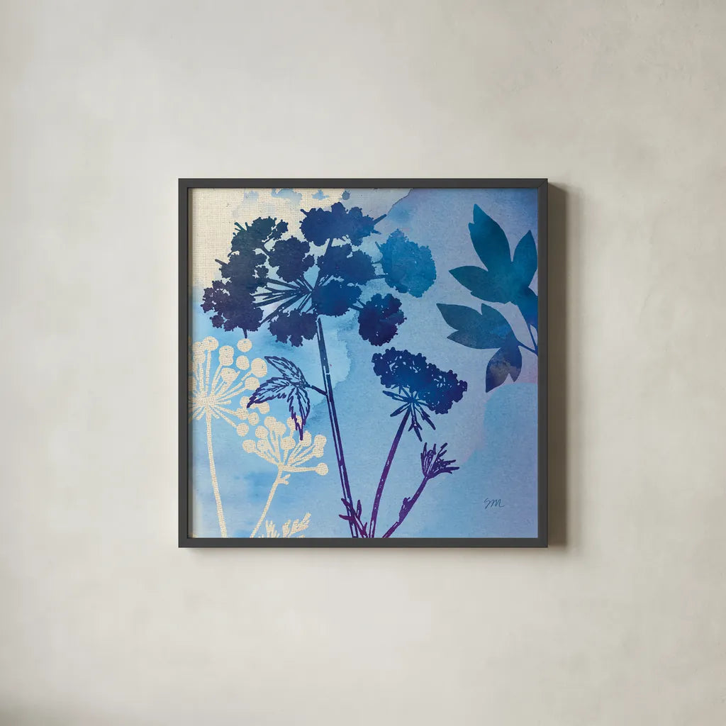 Blue Sky Garden III by Studio Mousseau. Shown in a sleek black glass frame for a contemporary gallery look. Available as an archival giclee rolled canvas, fine art paper, or poster print. SKU 34635a.