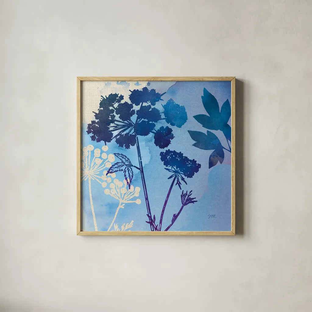 Blue Sky Garden III by Studio Mousseau. Shown in a natural wood glass frame for a timeless modern aesthetic. Available as an archival giclee rolled canvas, fine art paper, or poster print. SKU 34635a.