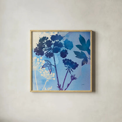 Blue Sky Garden III by Studio Mousseau. Shown in a natural wood glass frame for a timeless modern aesthetic. Available as an archival giclee rolled canvas, fine art paper, or poster print. SKU 34635a.