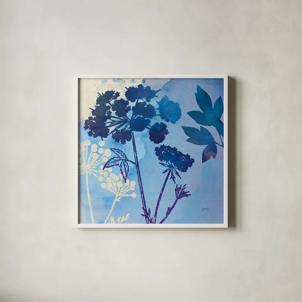 Blue Sky Garden III by Studio Mousseau. Shown in a crisp white glass frame for a clean and minimalist style. Available as an archival giclee rolled canvas, fine art paper, or poster print. SKU 34635a.
