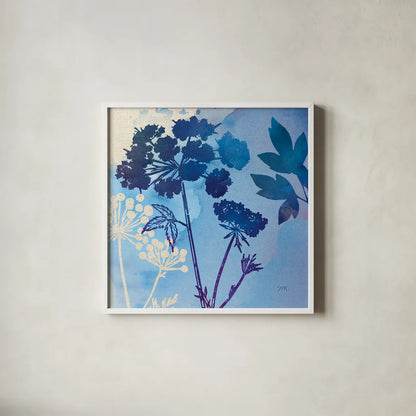 Blue Sky Garden III by Studio Mousseau. Shown in a crisp white glass frame for a clean and minimalist style. Available as an archival giclee rolled canvas, fine art paper, or poster print. SKU 34635a.