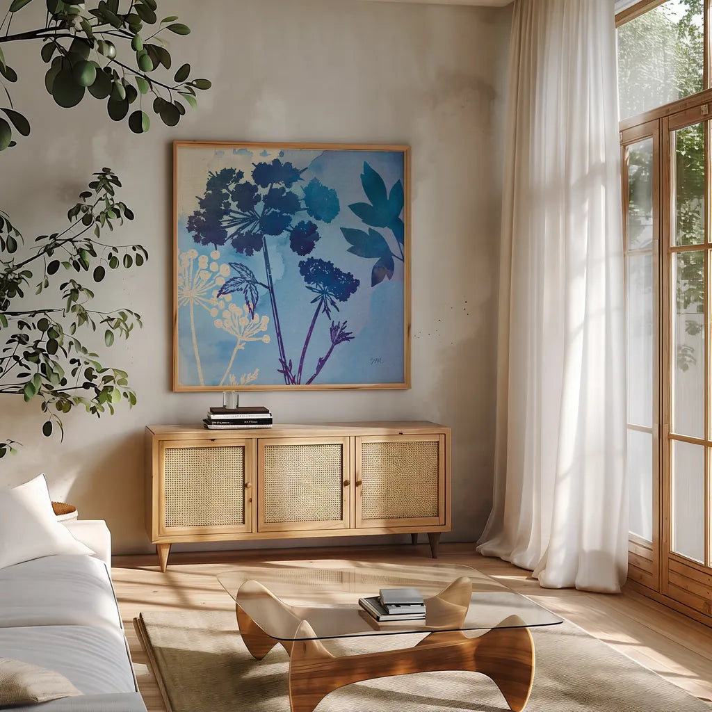 Blue Sky Garden III by Studio Mousseau. Shown in a natural wood frame in a cozy modern living room. Available as an archival giclee rolled canvas, fine art paper, or poster print. SKU 34635a.