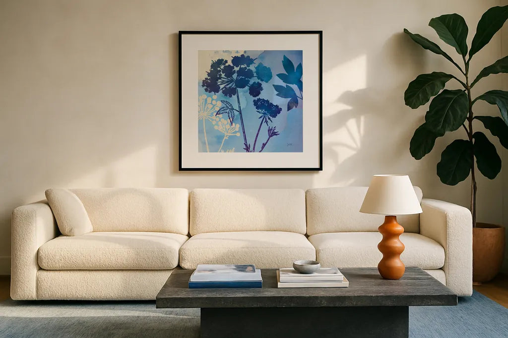 Blue Sky Garden III by Studio Mousseau. Displayed in a glass frame with matte in a clean modern living room. Available as an archival giclee rolled canvas, fine art paper, or poster print. SKU 34635a.