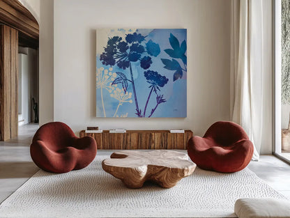 Blue Sky Garden III by Studio Mousseau. Shown as extra-large giant wall art in a modern living room. Available as an archival giclee rolled canvas, fine art paper, or poster print. SKU 34635a.