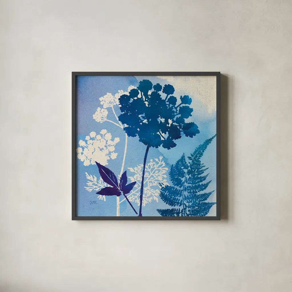 Blue Sky Garden IV by Studio Mousseau. Shown in a sleek black glass frame for a contemporary gallery look. Available as an archival giclee rolled canvas, fine art paper, or poster print. SKU 34636a.