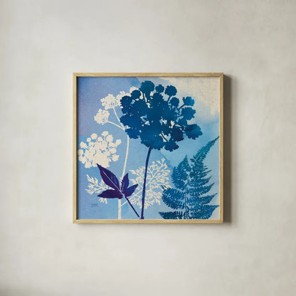 Blue Sky Garden IV by Studio Mousseau. Shown in a natural wood glass frame for a timeless modern aesthetic. Available as an archival giclee rolled canvas, fine art paper, or poster print. SKU 34636a.