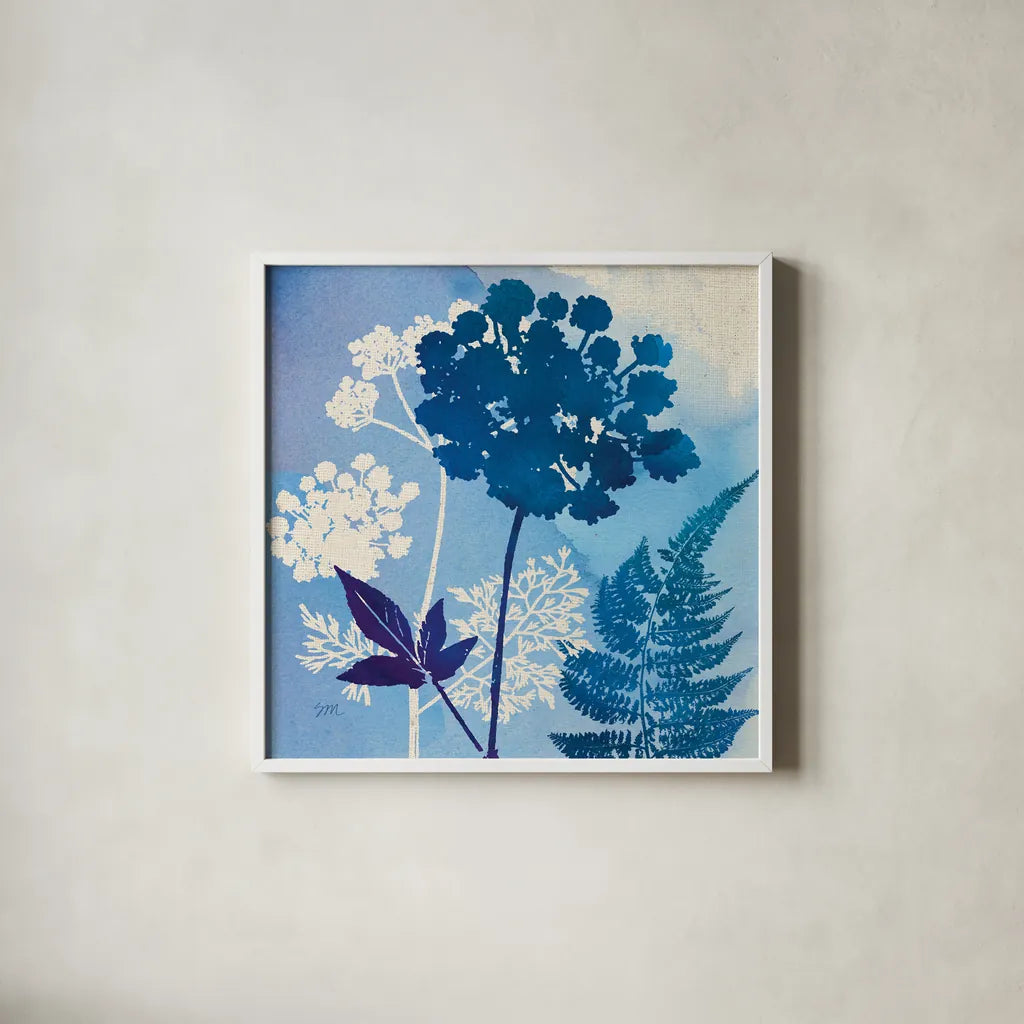 Blue Sky Garden IV by Studio Mousseau. Shown in a crisp white glass frame for a clean and minimalist style. Available as an archival giclee rolled canvas, fine art paper, or poster print. SKU 34636a.